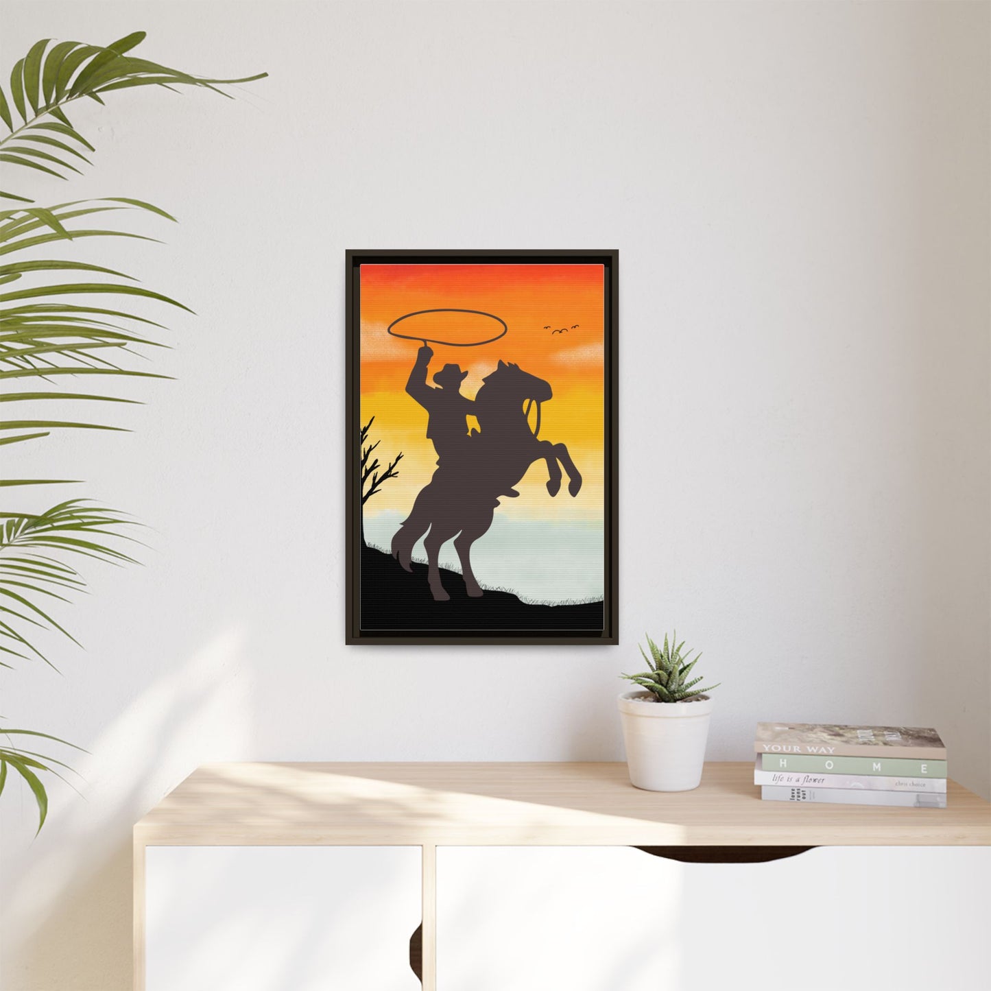 Framed Canvas Art Print Western Home Decor Rustic Wall Art Gift for Cowgirl or Cowboy Country Housewarming Rodeo Home Decor Cowboy Sunset
