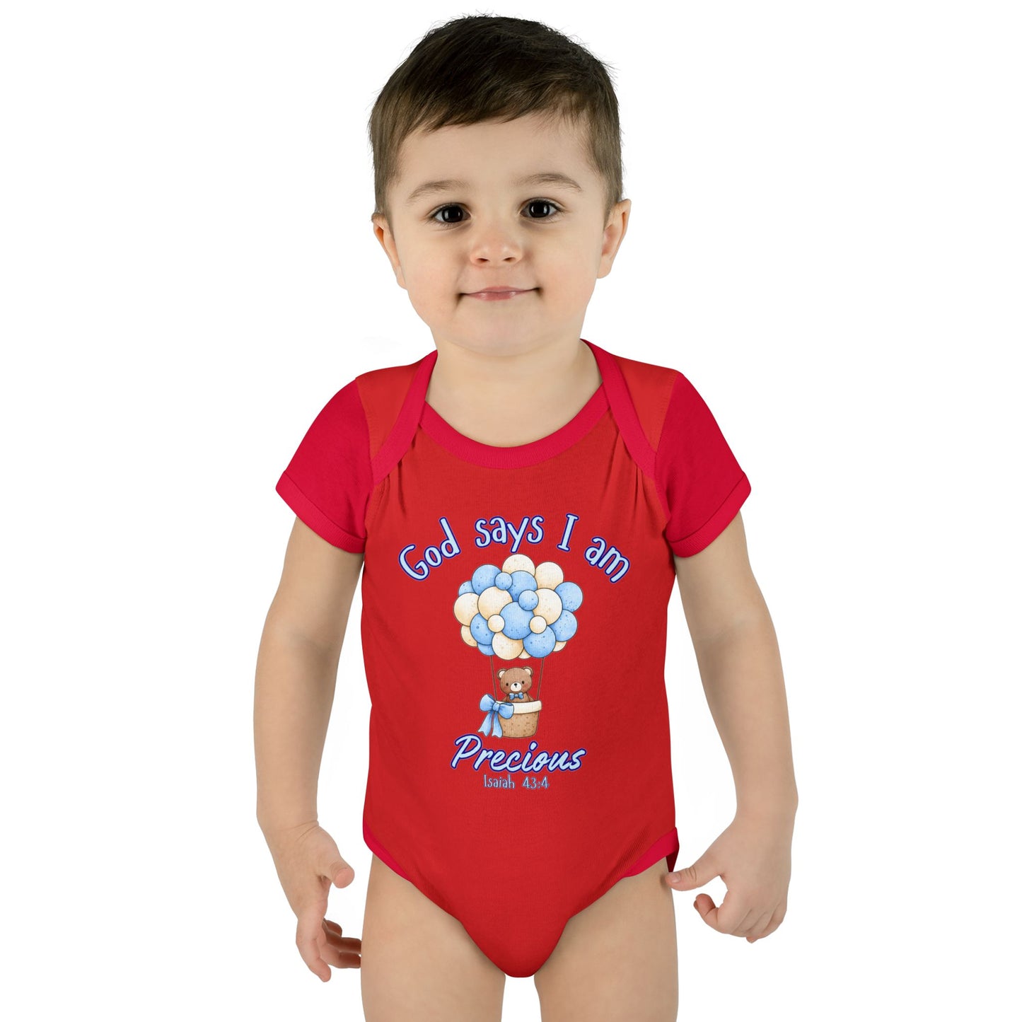 Baby Bodysuit - "God Says I Am Precious" Blue Balloon Teddy Infant Bodysuit