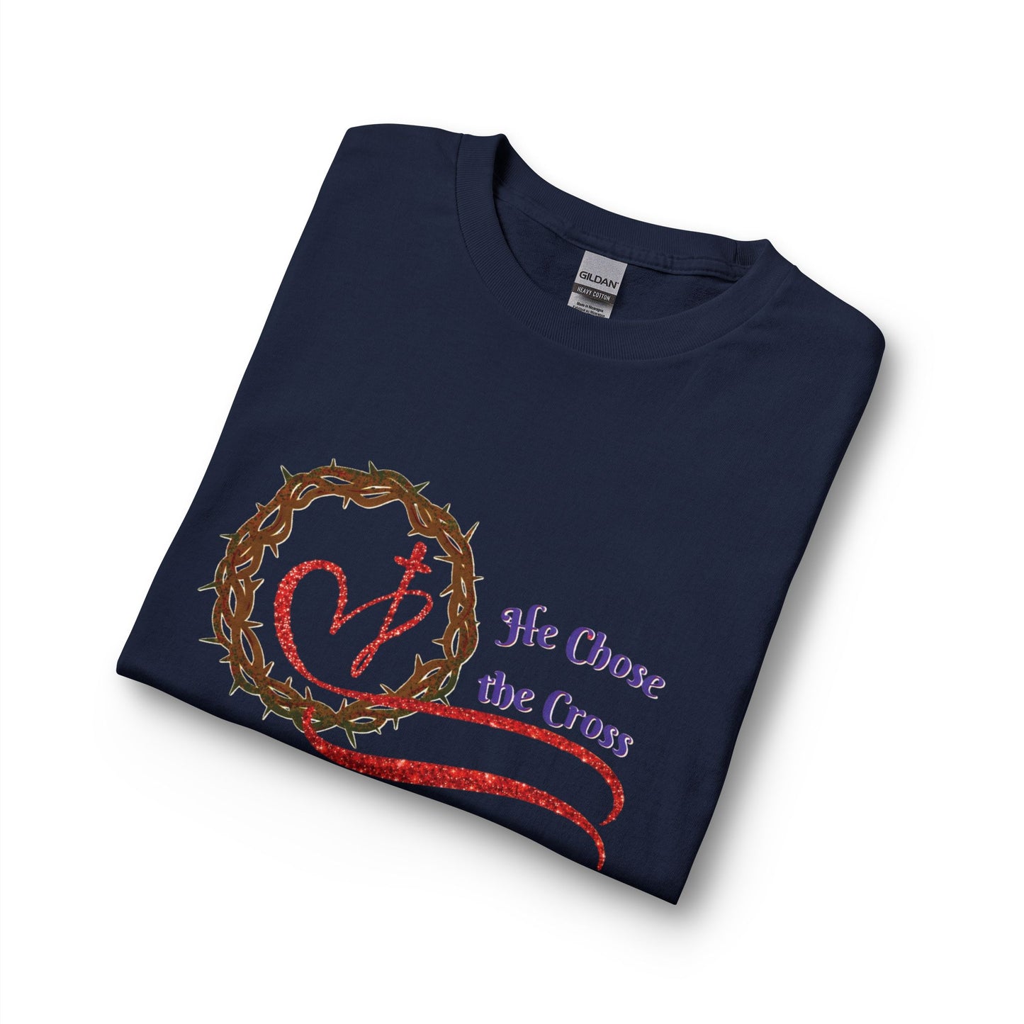 Long Sleeve Tee “He Chose the Cross” Christian Crown of Thorns Heart Design