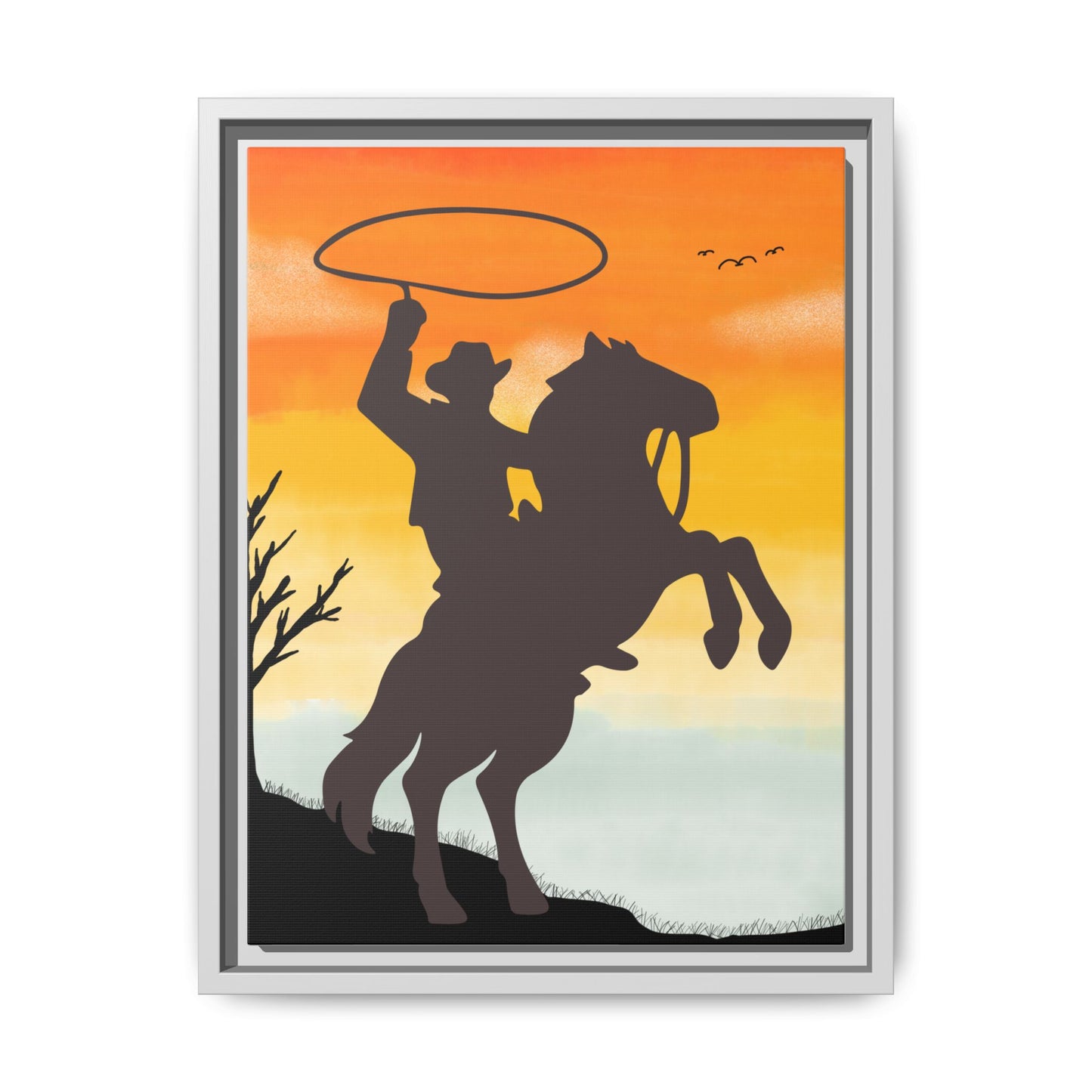 Framed Canvas Art Print Western Home Decor Rustic Wall Art Gift for Cowgirl or Cowboy Country Housewarming Rodeo Home Decor Cowboy Sunset
