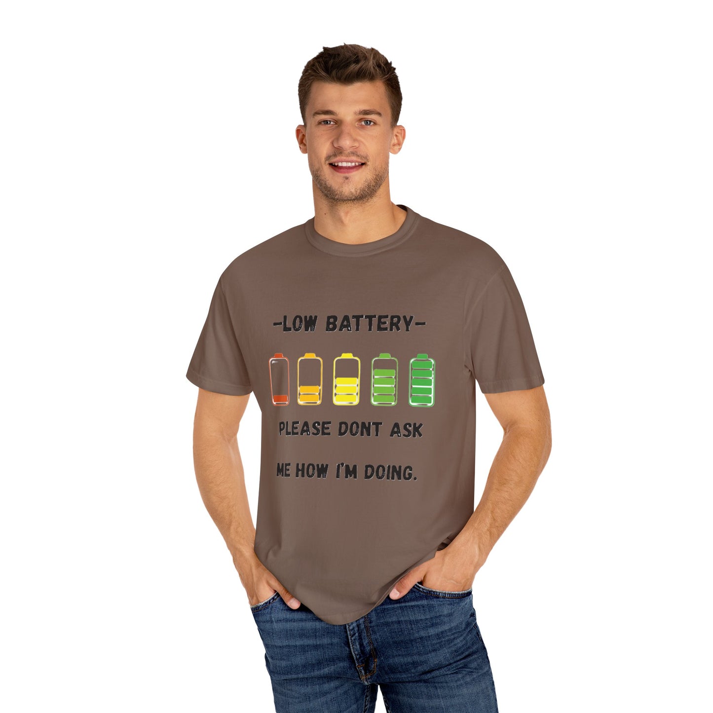 T-Shirt Low Battery Funny Unisex T-Shirt Humorous Gift Casual Wear Self-Care Reminder Everyday Comfort