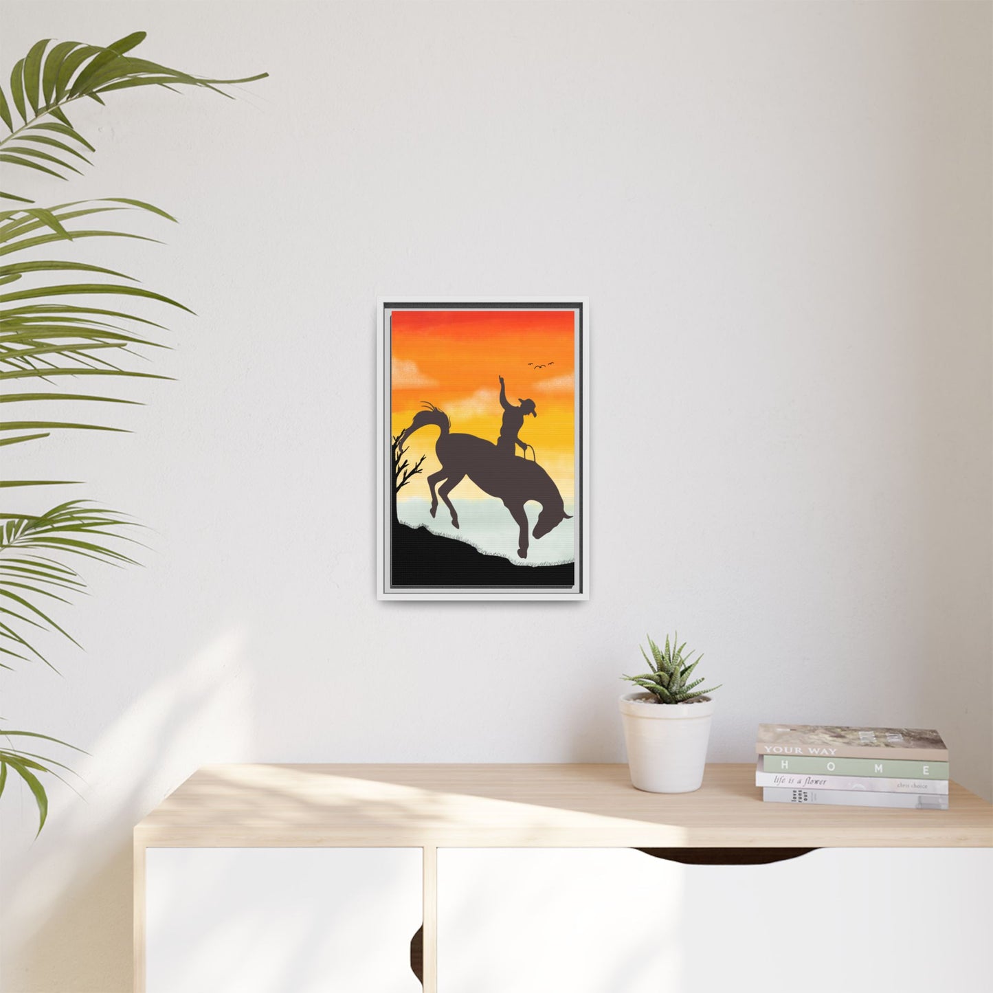 Framed Cowboy Sunset Canvas Art Equestrian Decor Farmhouse Wall Art Rustic Home Decoration Gift for Horse Lovers Rodeo Decor Housewarming Gift