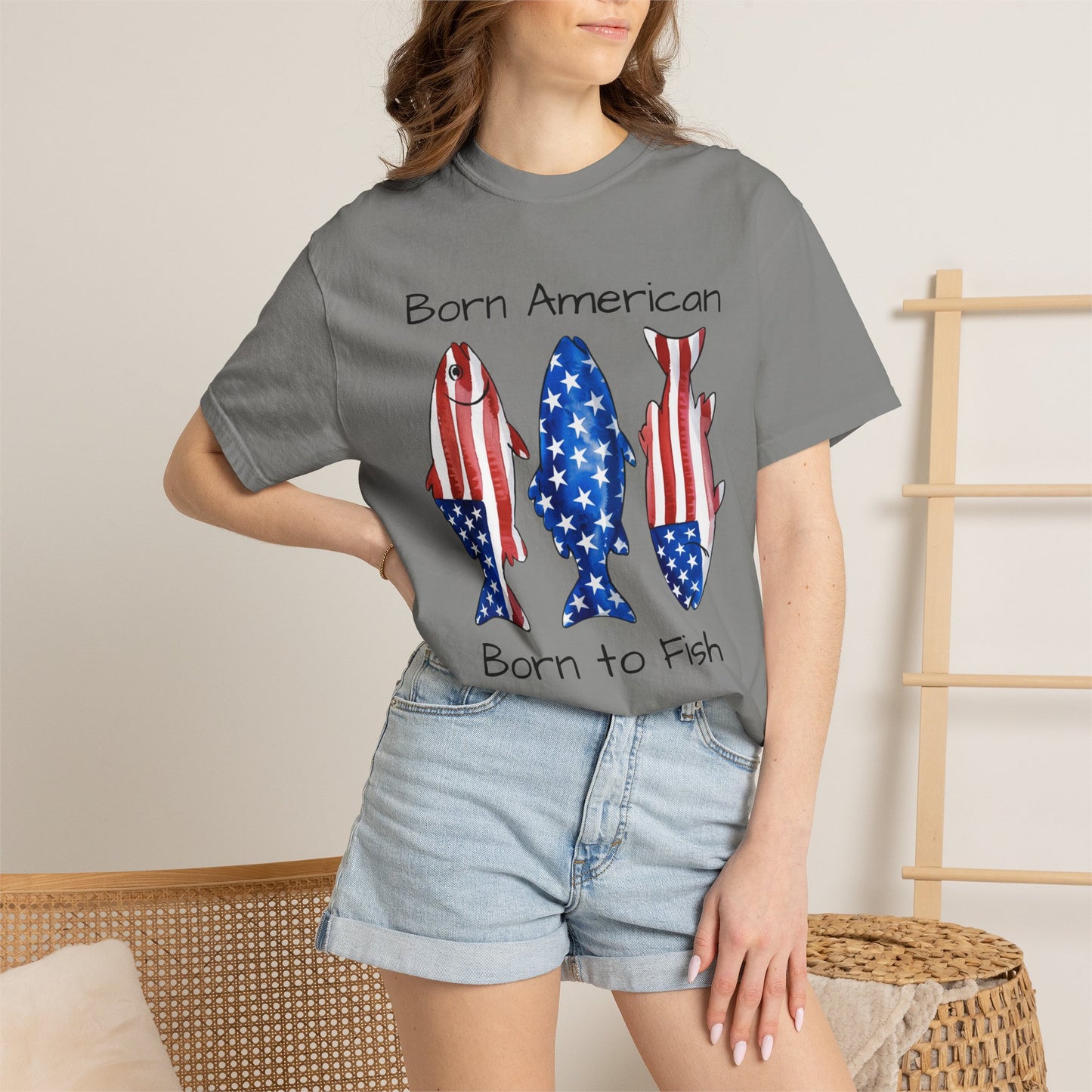T-Shirt — "Born American Born to Fish" Patriotic Fishing Tee