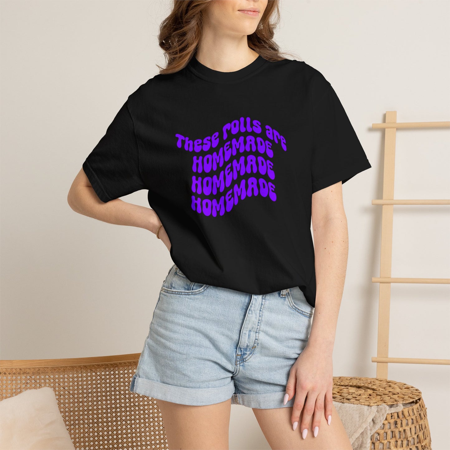 T-Shirt — "These Rolls Are Homemade" Retro Wavy Text Graphic Tee
