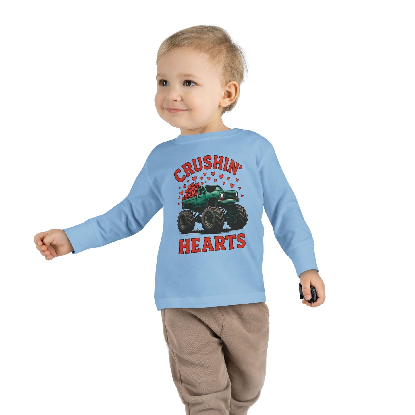 Toddler Long Sleeve Tee — "Crushin' Hearts" Monster Truck Valentine Shirt