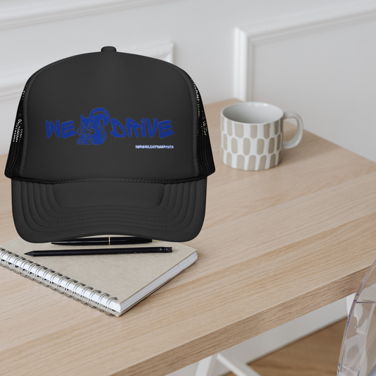We Drive Trucker Hat — Blue Graphic Mesh Cap for Drivers & Car Enthusiasts