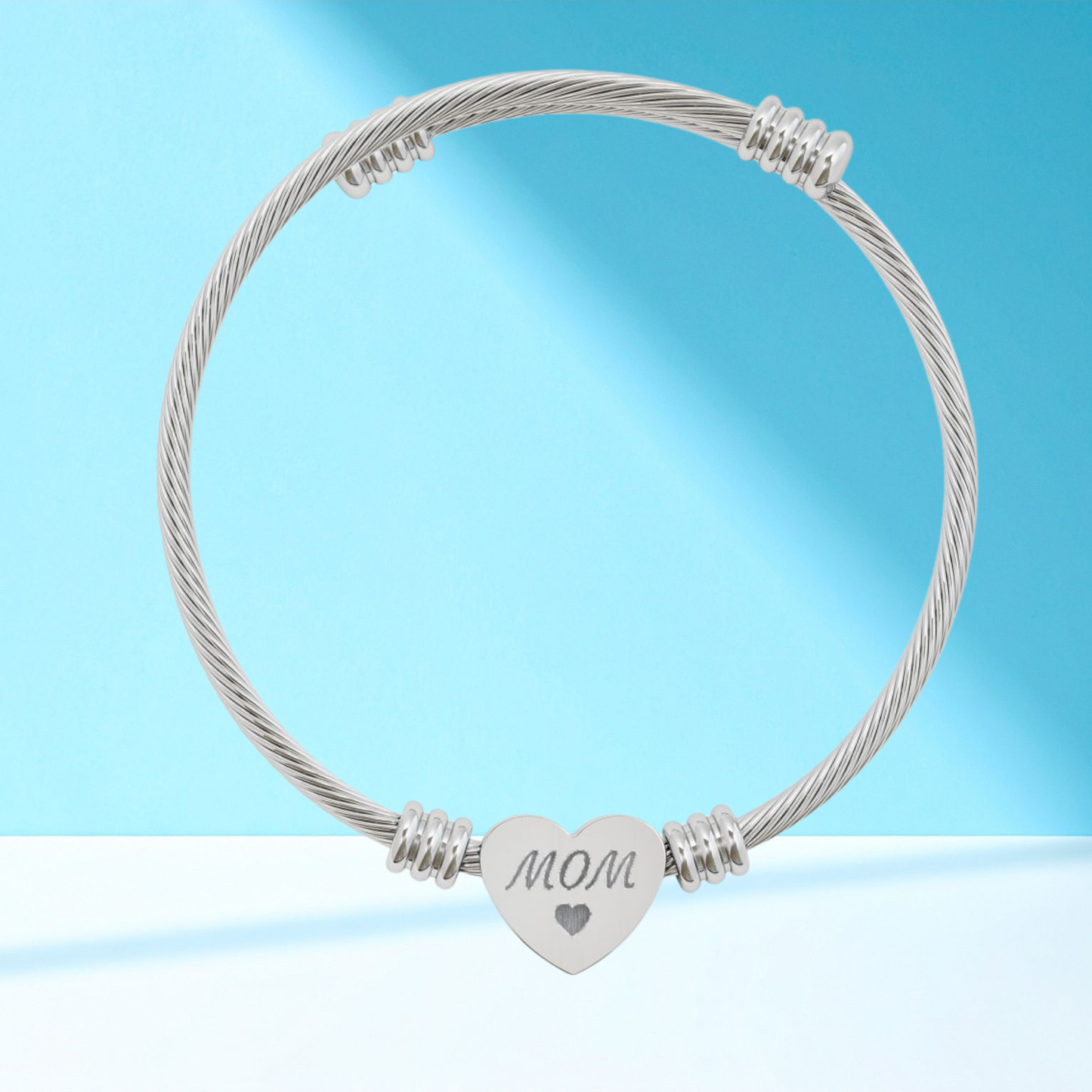 Engravable Heart Cuff Bracelet — Personalized 'MOM' Charm (Silver or Gold)