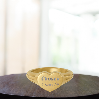 Heart Signet Ring — Engraved “Chosen 1 Thess 1:4” Stainless Steel
