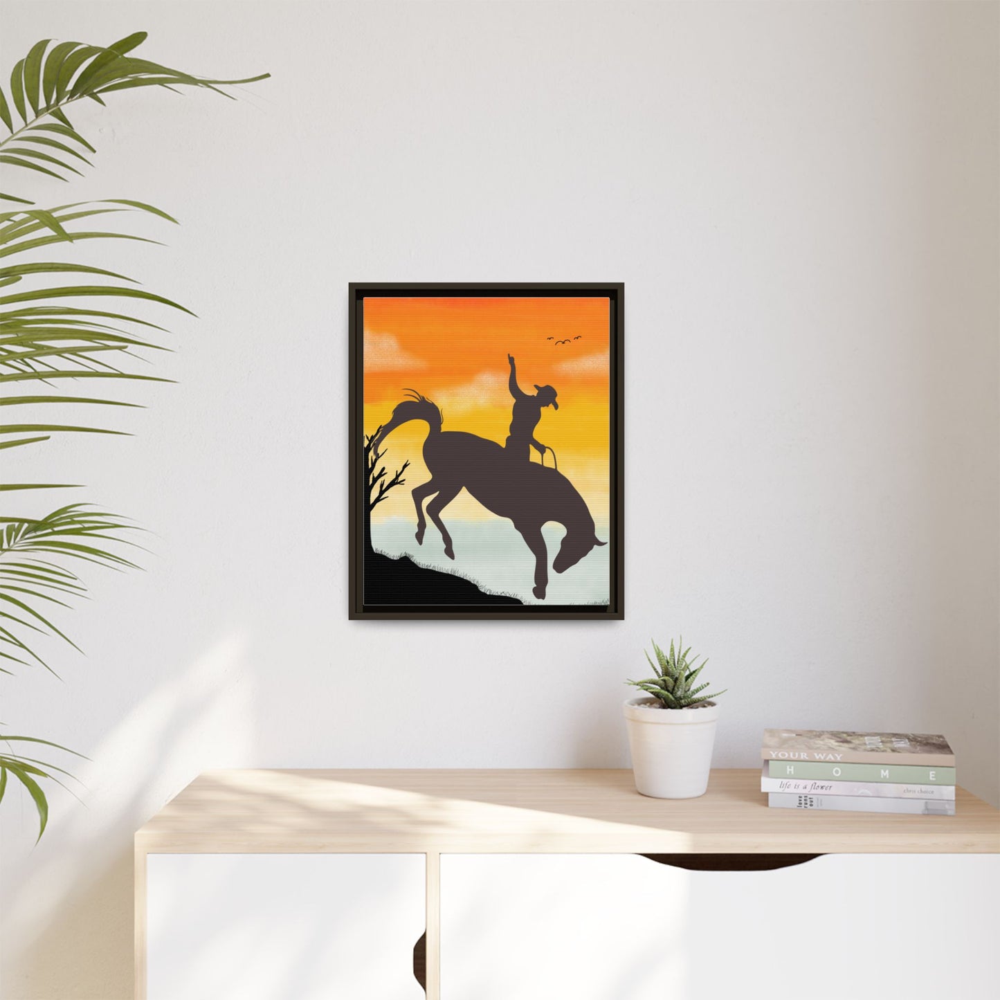 Framed Cowboy Sunset Canvas Art Equestrian Decor Farmhouse Wall Art Rustic Home Decoration Gift for Horse Lovers Rodeo Decor Housewarming Gift