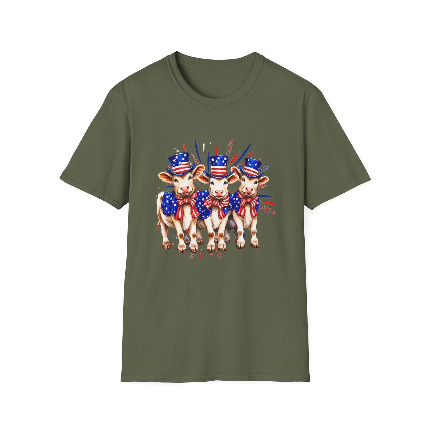 American Patriotic Cows T-Shirt — 4th of July Cow Trio in Uncle Sam Hats