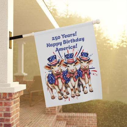 Garden Flag – 250 Years! Happy Birthday America! Patriotic Cows Outdoor Banner