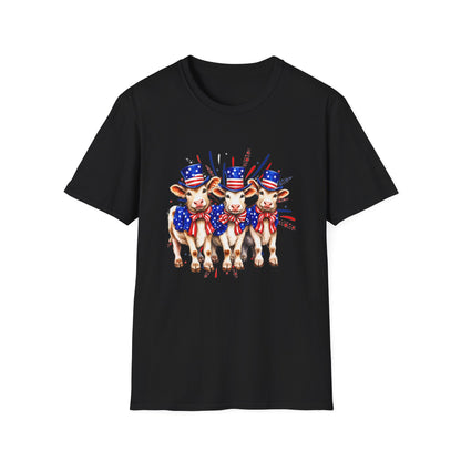 American Patriotic Cows T-Shirt — 4th of July Cow Trio in Uncle Sam Hats
