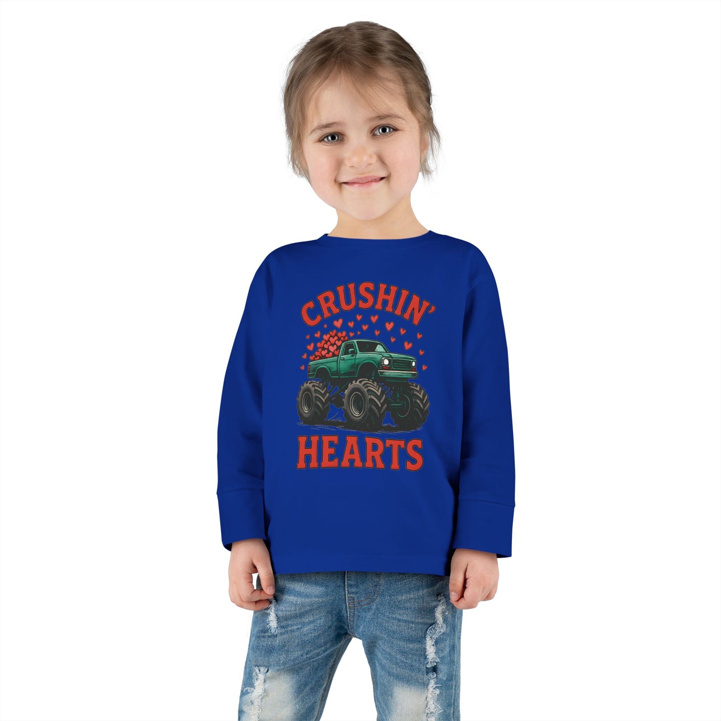 Toddler Long Sleeve Tee — "Crushin' Hearts" Monster Truck Valentine Shirt
