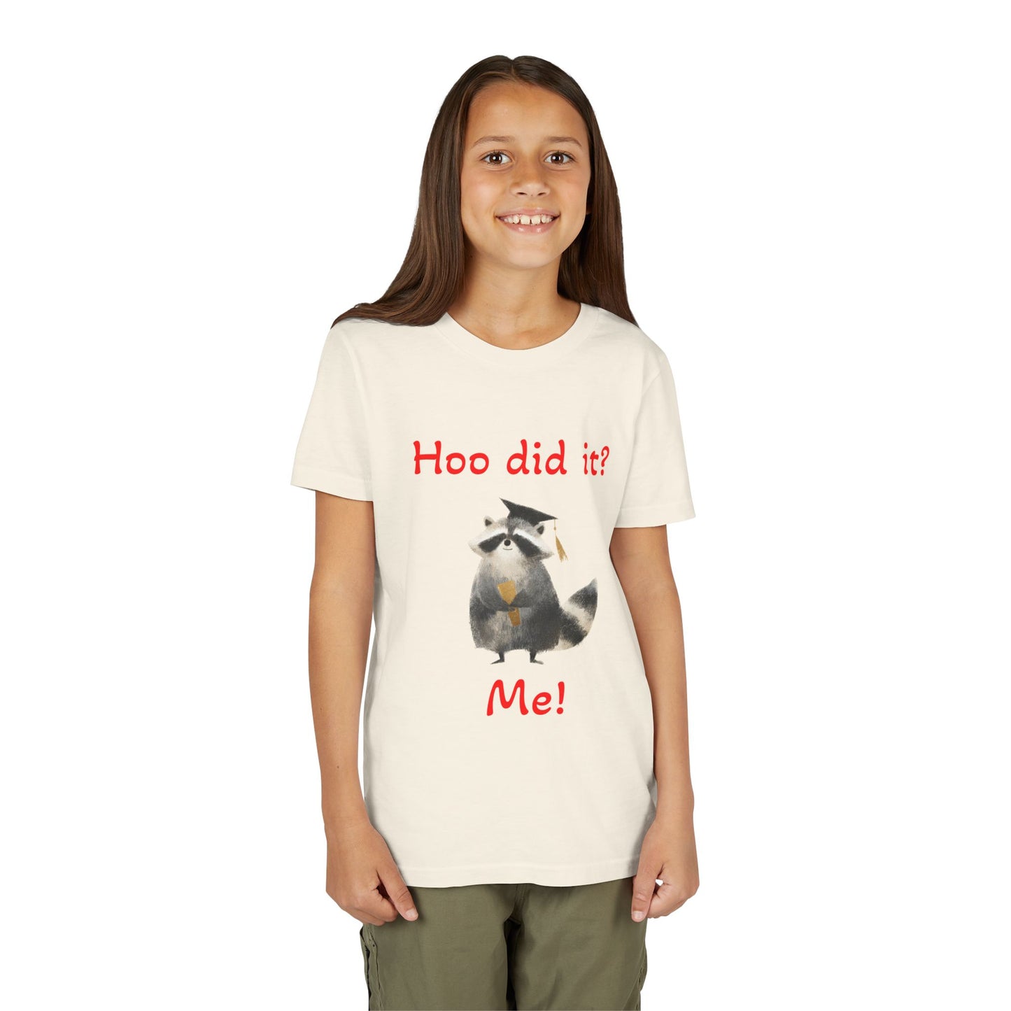 Youth Tee – Cute Raccoon “Hoo did it? Me!” Kids Shirt
