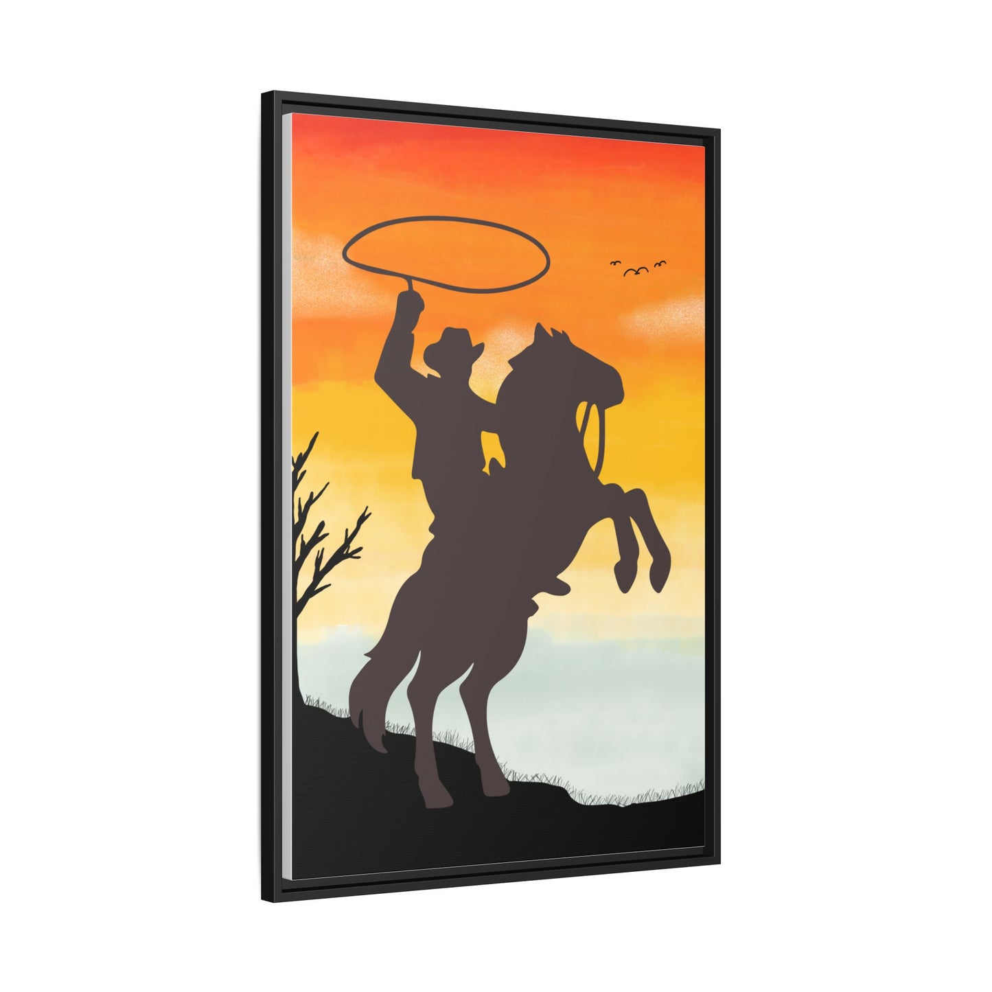 Framed Canvas Art Print Western Home Decor Rustic Wall Art Gift for Cowgirl or Cowboy Country Housewarming Rodeo Home Decor Cowboy Sunset