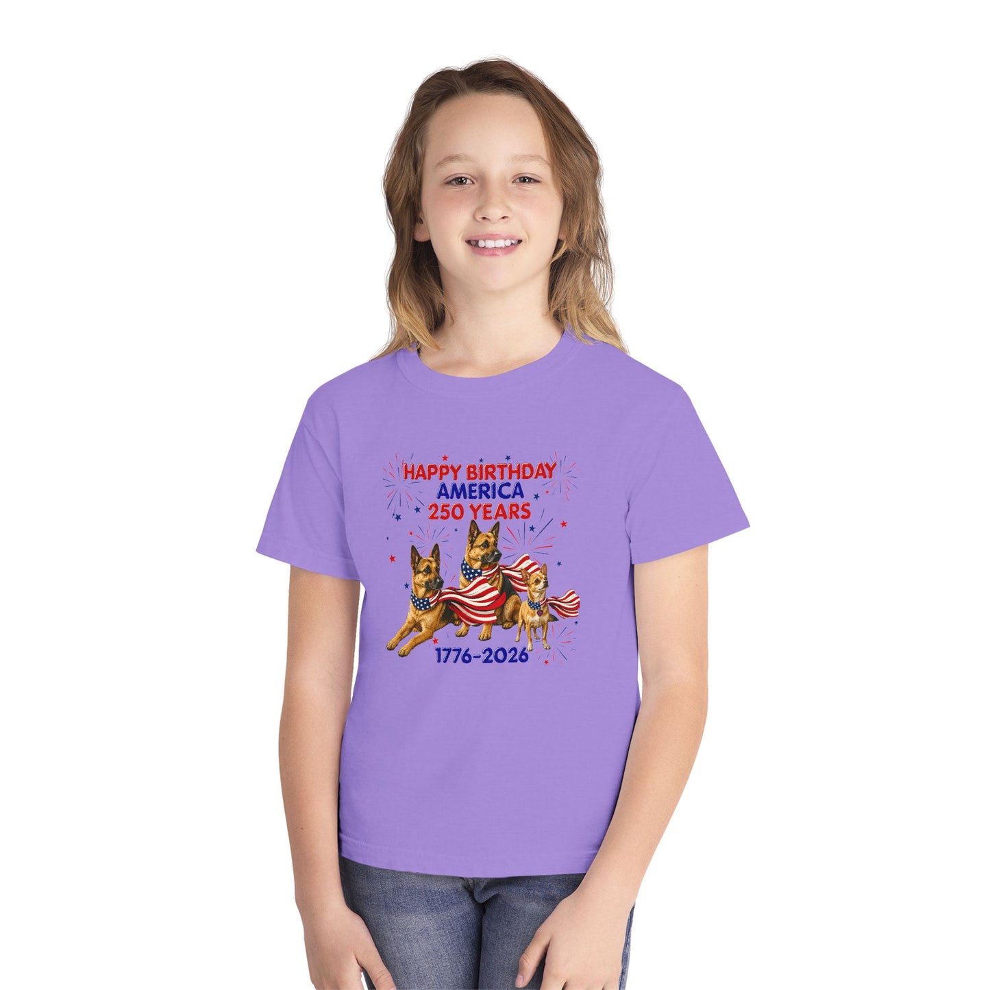 Youth Tee — "Happy Birthday America 250 Years 1776-2026" Patriotic German Shepherds
