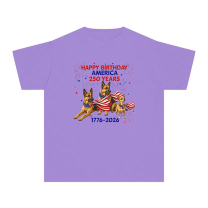 Youth Tee — "Happy Birthday America 250 Years 1776-2026" Patriotic German Shepherds