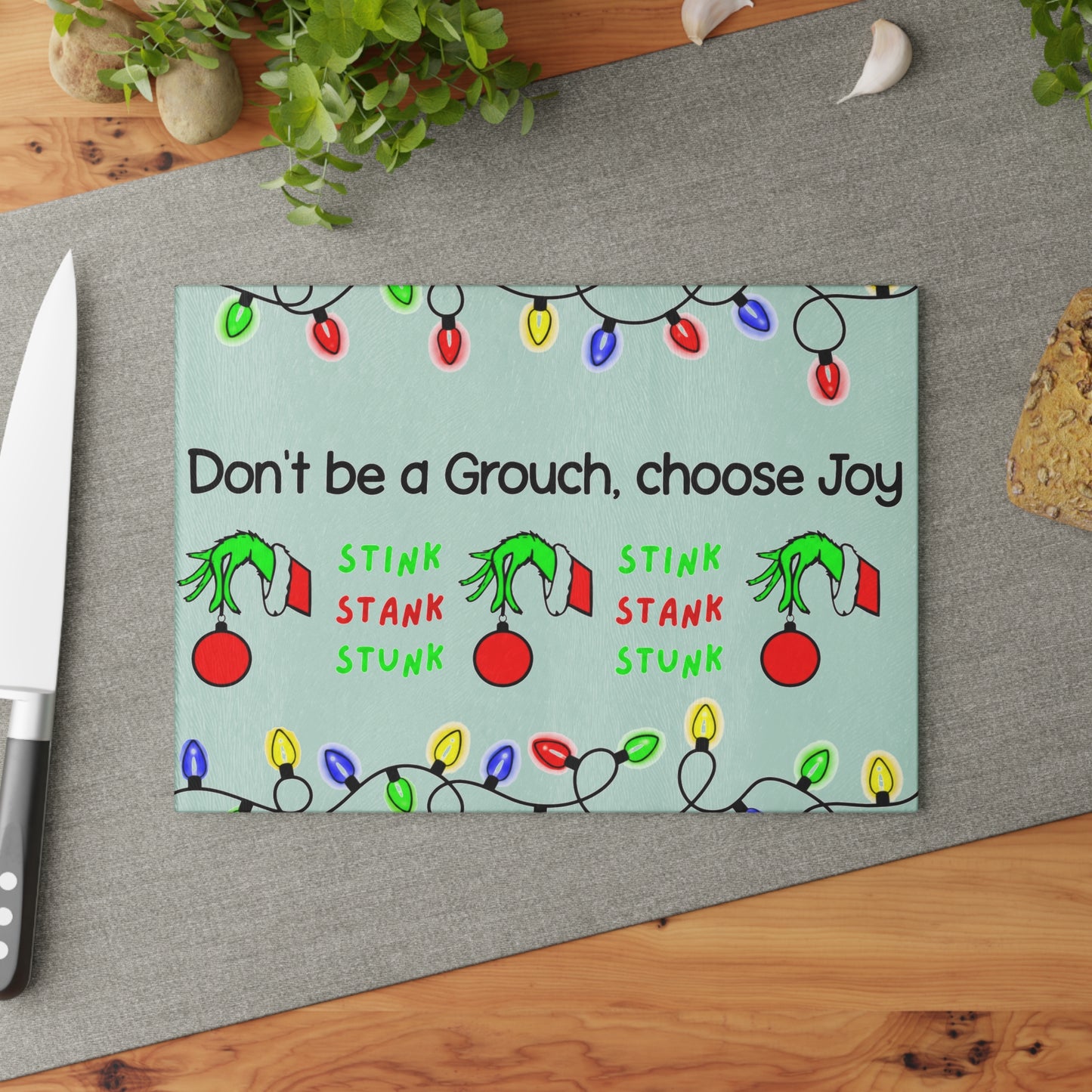 Glass Cutting Board — "Don't Be a Grouch, Choose Joy" Holiday Cutting Board (Grinch Lights Design)