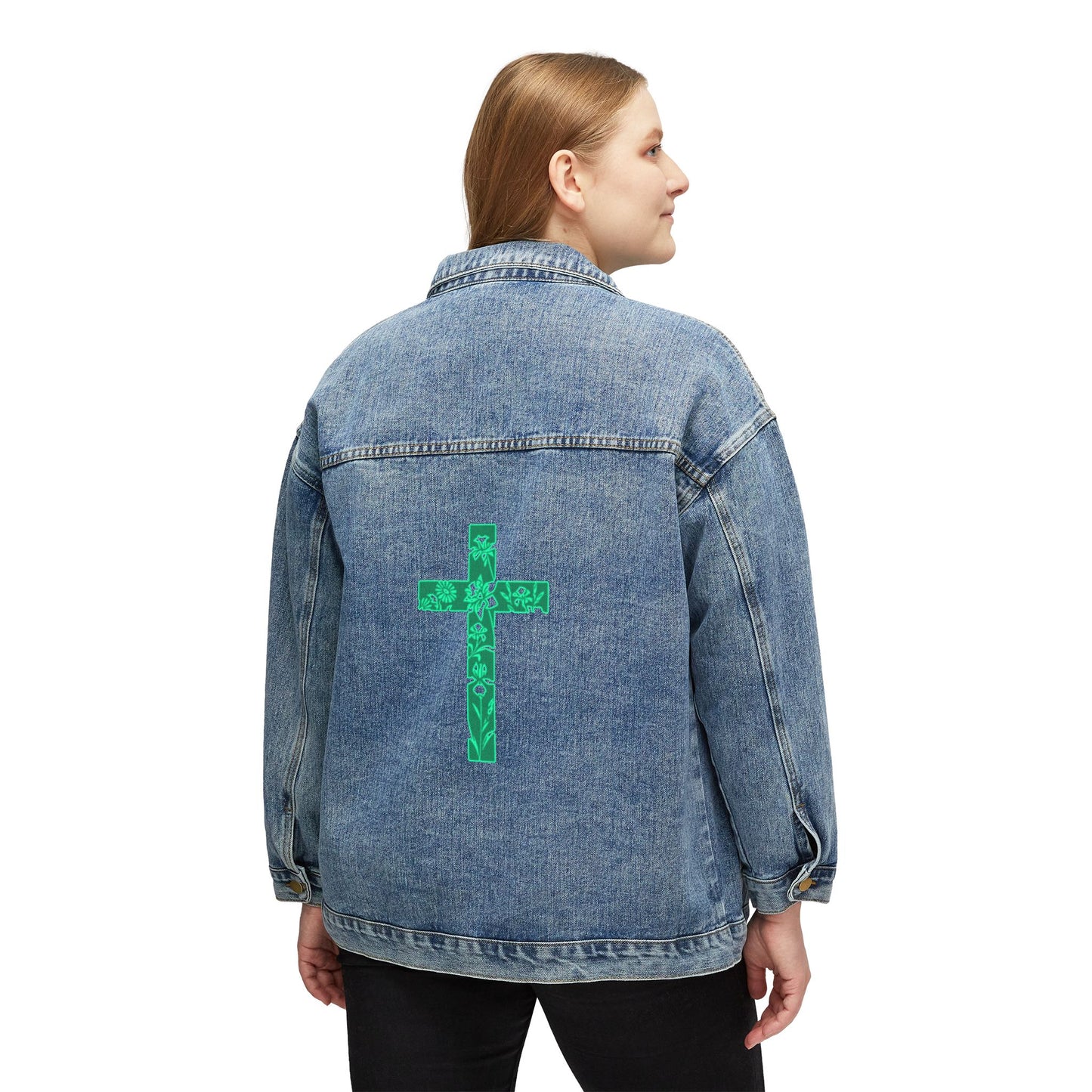 Jacket Denim Floral Cross Women's Denim Jacket - Chic & Versatile Outerwear Christian Religious Gift Spiritual
