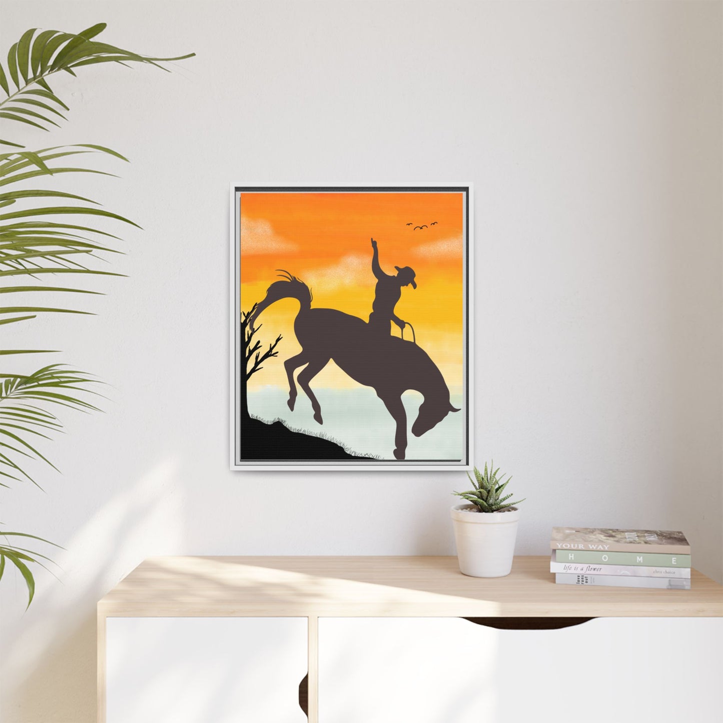 Framed Cowboy Sunset Canvas Art Equestrian Decor Farmhouse Wall Art Rustic Home Decoration Gift for Horse Lovers Rodeo Decor Housewarming Gift