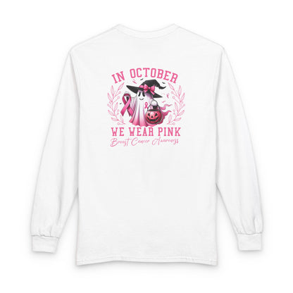 Breast Cancer Awareness Long Sleeve Tee — "In October We Wear Pink" Cow Design