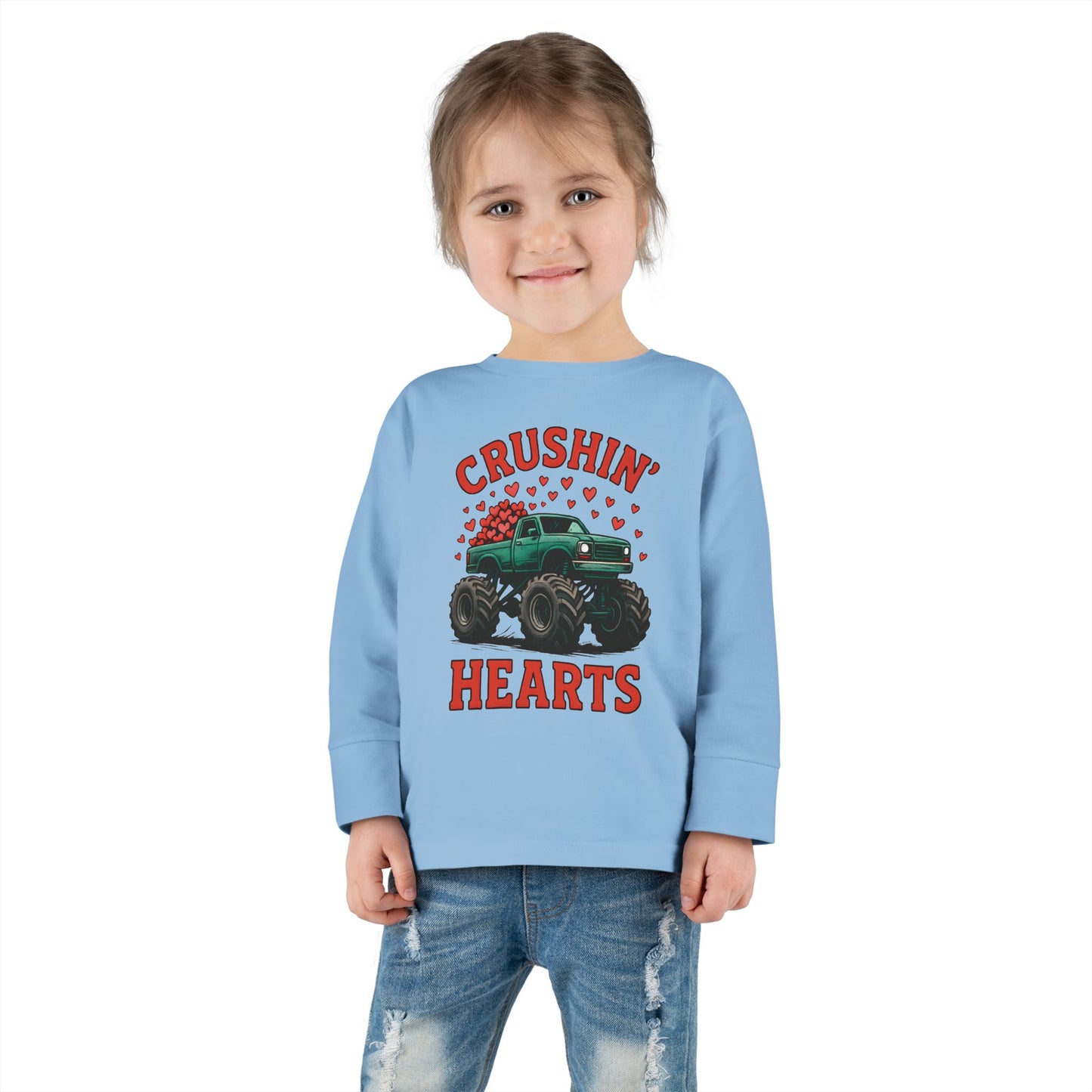 Toddler Long Sleeve Tee — "Crushin' Hearts" Monster Truck Valentine Shirt