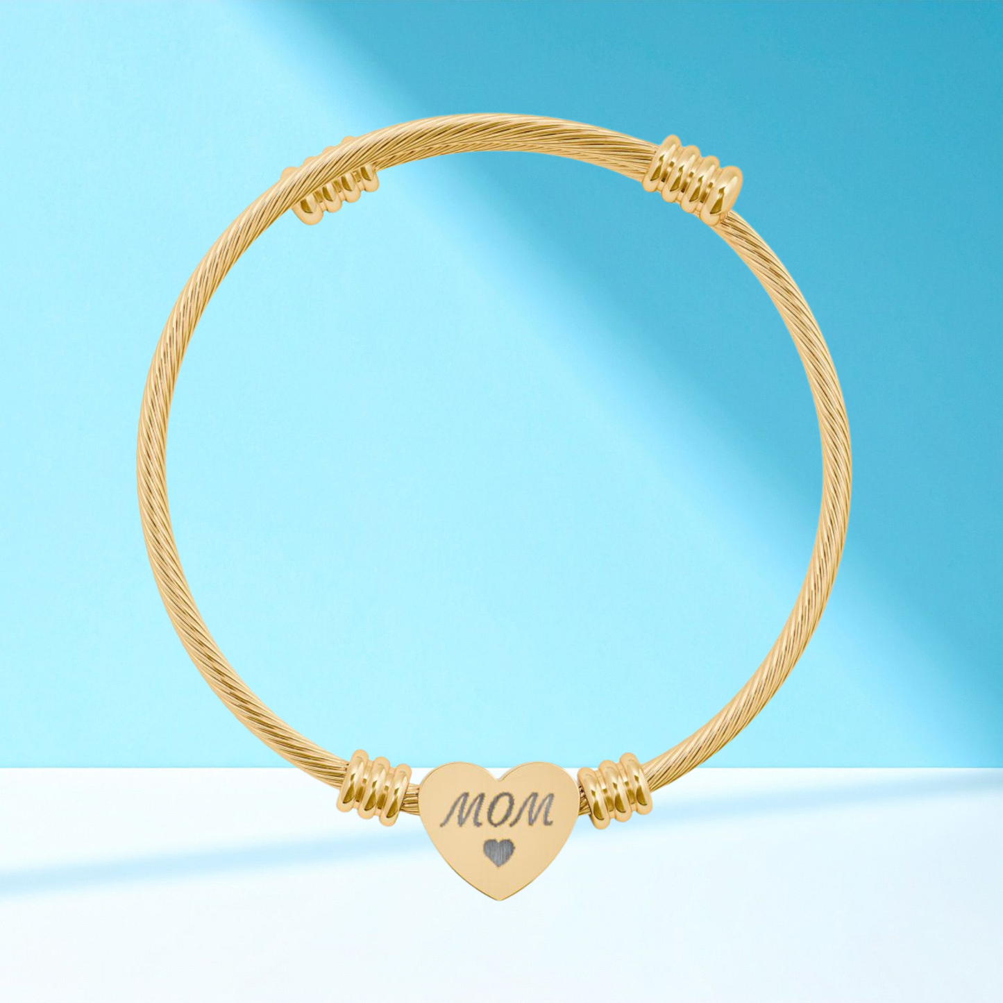 Engravable Heart Cuff Bracelet — Personalized 'MOM' Charm (Silver or Gold)
