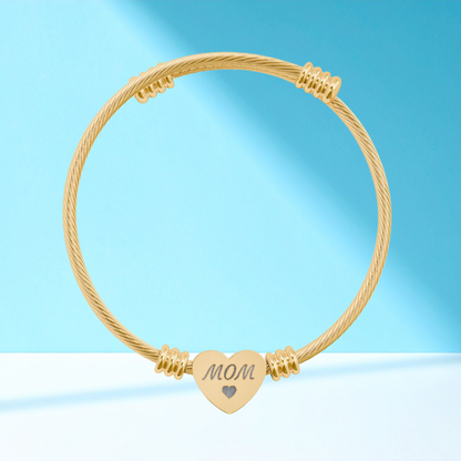 Engravable Heart Cuff Bracelet — Personalized 'MOM' Charm (Silver or Gold)