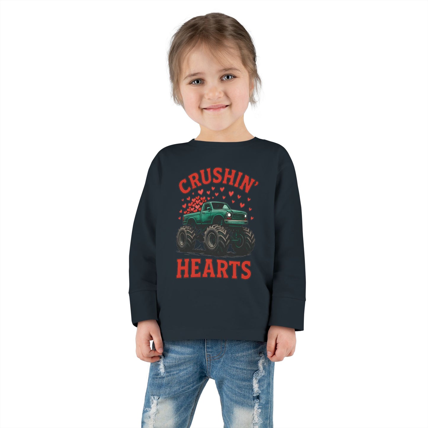Toddler Long Sleeve Tee — "Crushin' Hearts" Monster Truck Valentine Shirt