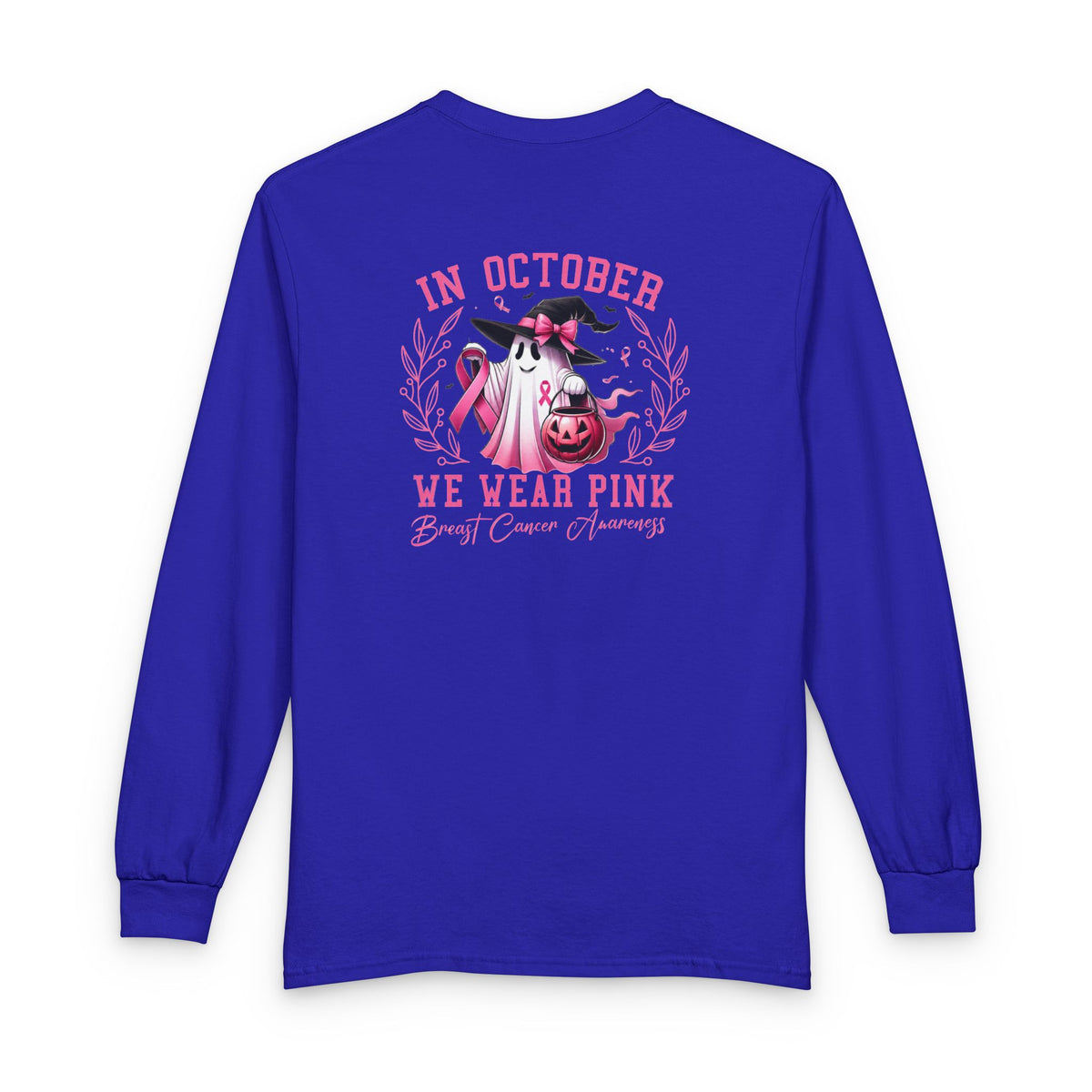 Breast Cancer Awareness Long Sleeve Tee — "In October We Wear Pink" Cow Design