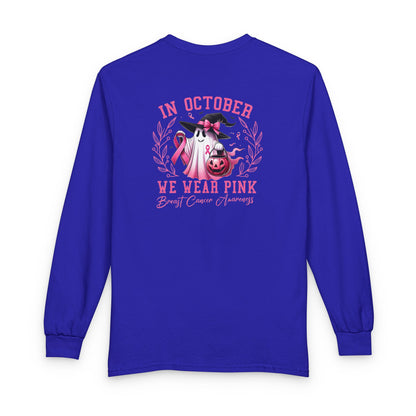 Breast Cancer Awareness Long Sleeve Tee — "In October We Wear Pink" Cow Design
