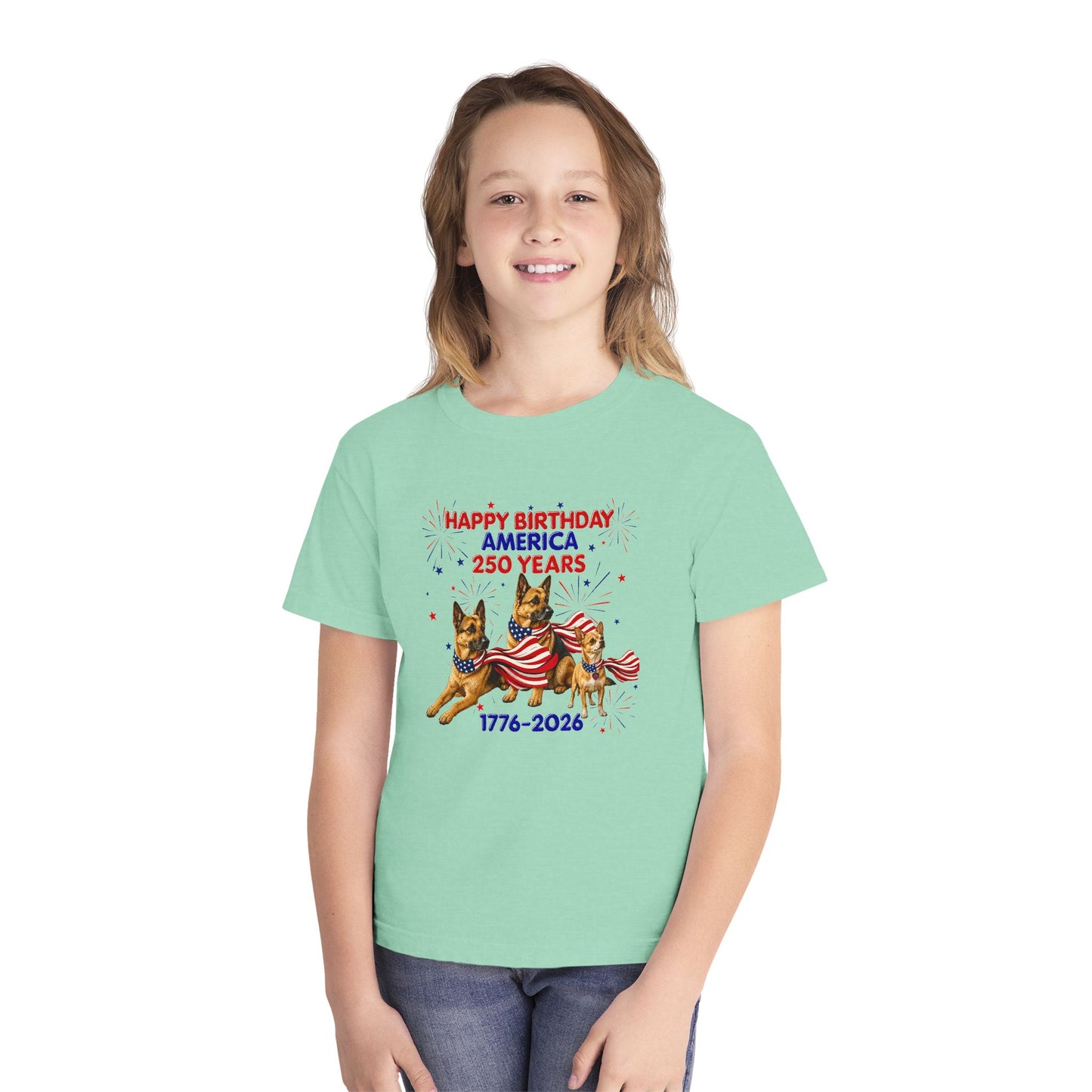 Youth Tee — "Happy Birthday America 250 Years 1776-2026" Patriotic German Shepherds