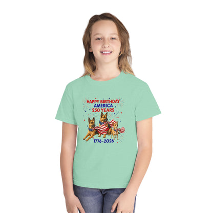 Youth Tee — "Happy Birthday America 250 Years 1776-2026" Patriotic German Shepherds