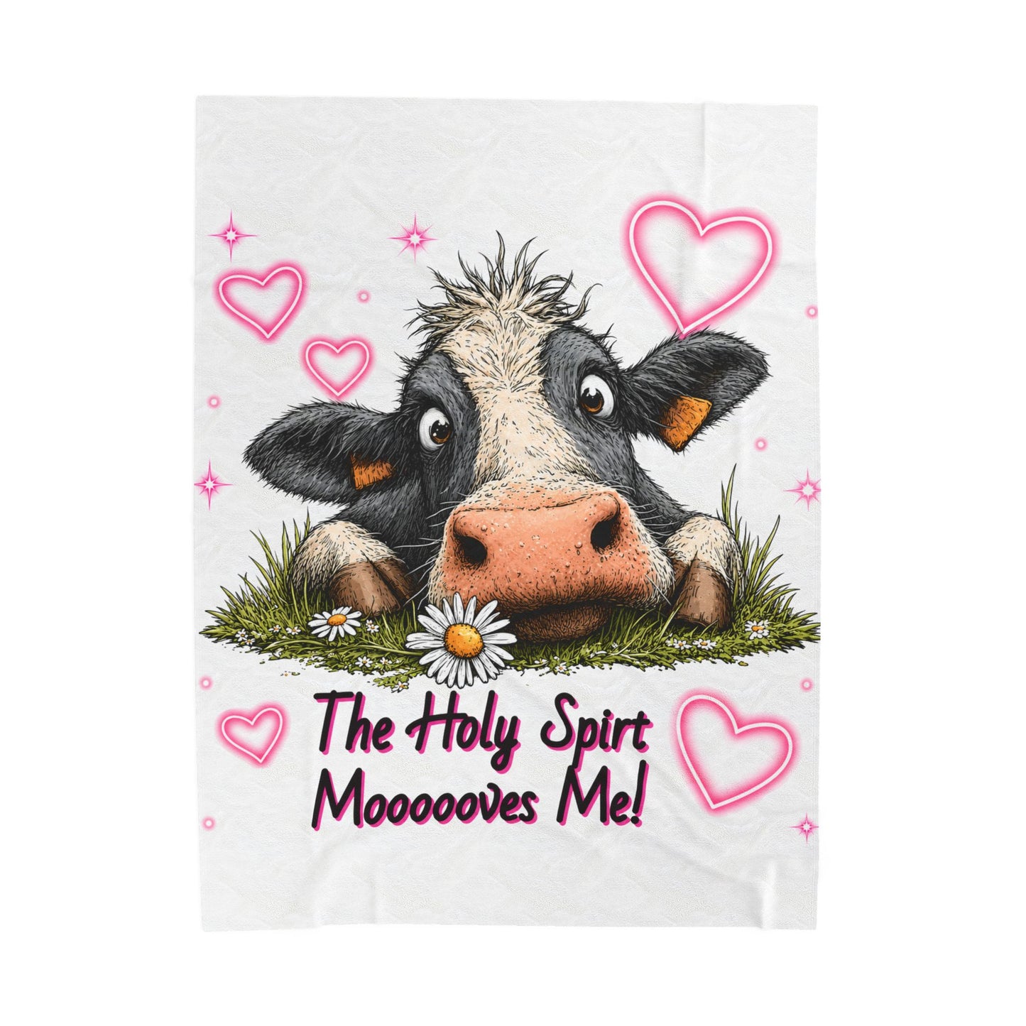 Velveteen Blanket – "The Holy Spirit Moooooves Me" Cute Cow Plush Throw