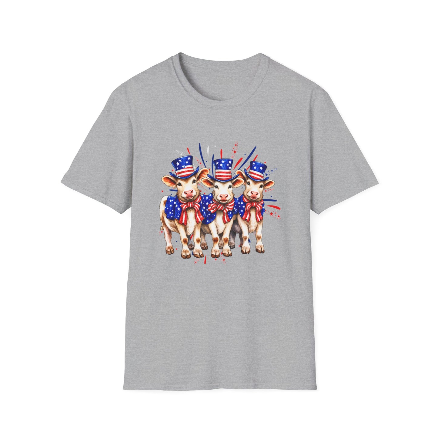American Patriotic Cows T-Shirt — 4th of July Cow Trio in Uncle Sam Hats
