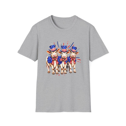 American Patriotic Cows T-Shirt — 4th of July Cow Trio in Uncle Sam Hats