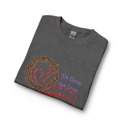 Long Sleeve Tee “He Chose the Cross” Christian Crown of Thorns Heart Design