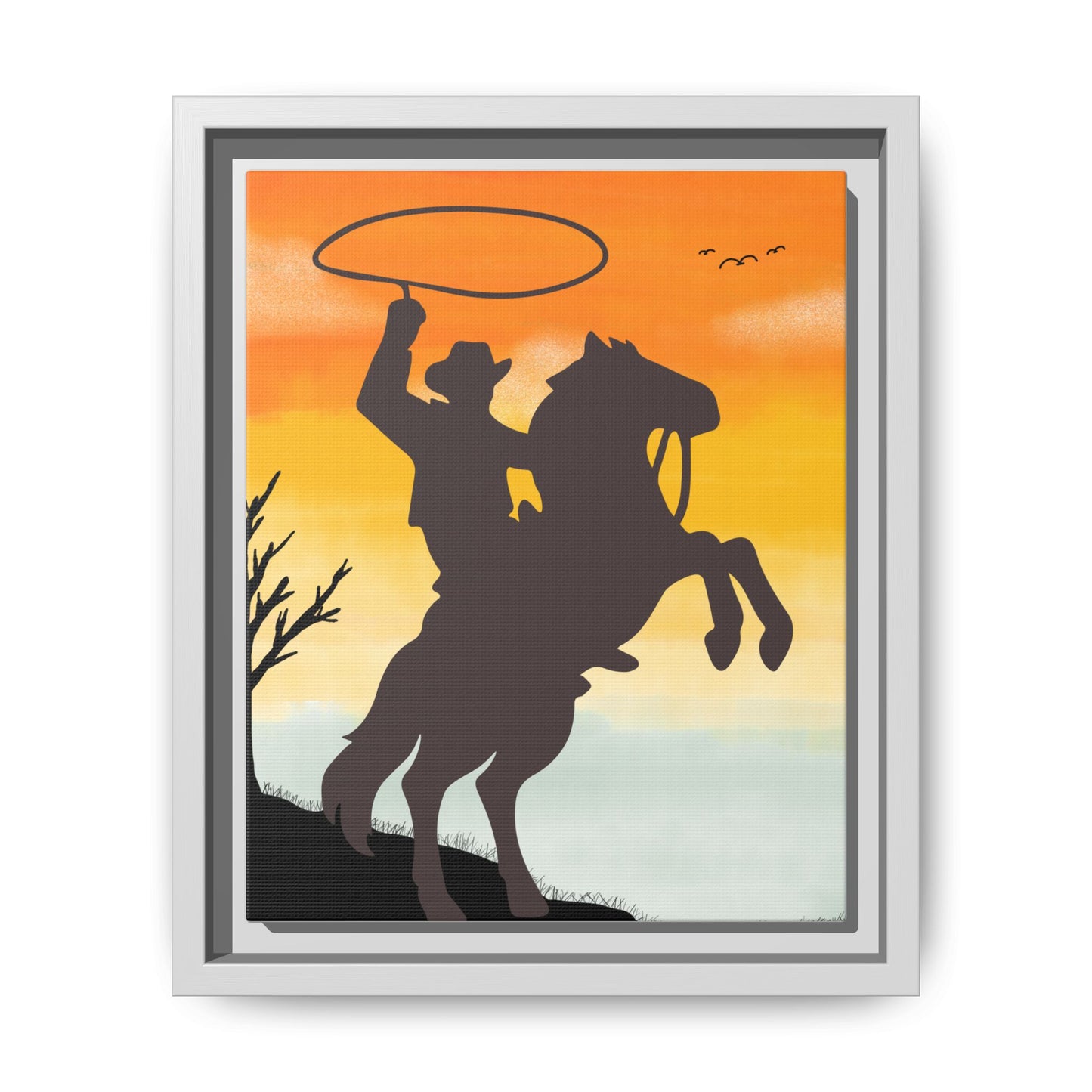 Framed Canvas Art Print Western Home Decor Rustic Wall Art Gift for Cowgirl or Cowboy Country Housewarming Rodeo Home Decor Cowboy Sunset