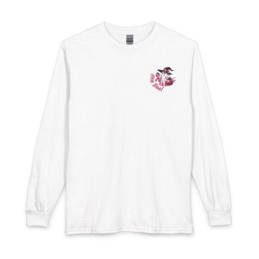 Breast Cancer Awareness Long Sleeve Tee — "In October We Wear Pink" Cow Design
