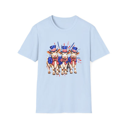 American Patriotic Cows T-Shirt — 4th of July Cow Trio in Uncle Sam Hats
