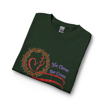 Long Sleeve Tee “He Chose the Cross” Christian Crown of Thorns Heart Design
