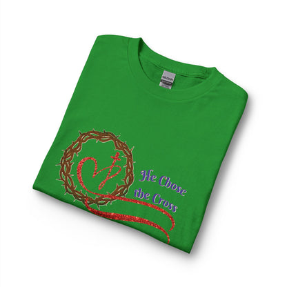 Long Sleeve Tee “He Chose the Cross” Christian Crown of Thorns Heart Design