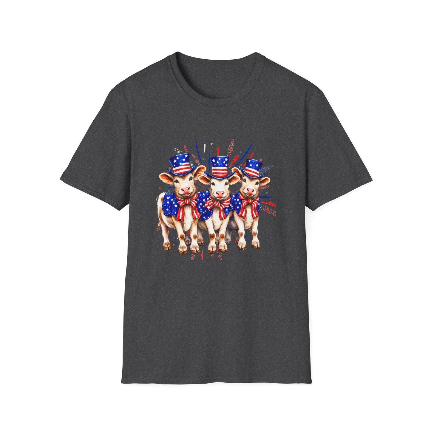 American Patriotic Cows T-Shirt — 4th of July Cow Trio in Uncle Sam Hats