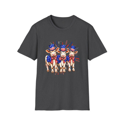 American Patriotic Cows T-Shirt — 4th of July Cow Trio in Uncle Sam Hats