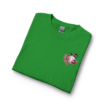 Breast Cancer Awareness Long Sleeve Tee — "In October We Wear Pink" Cow Design