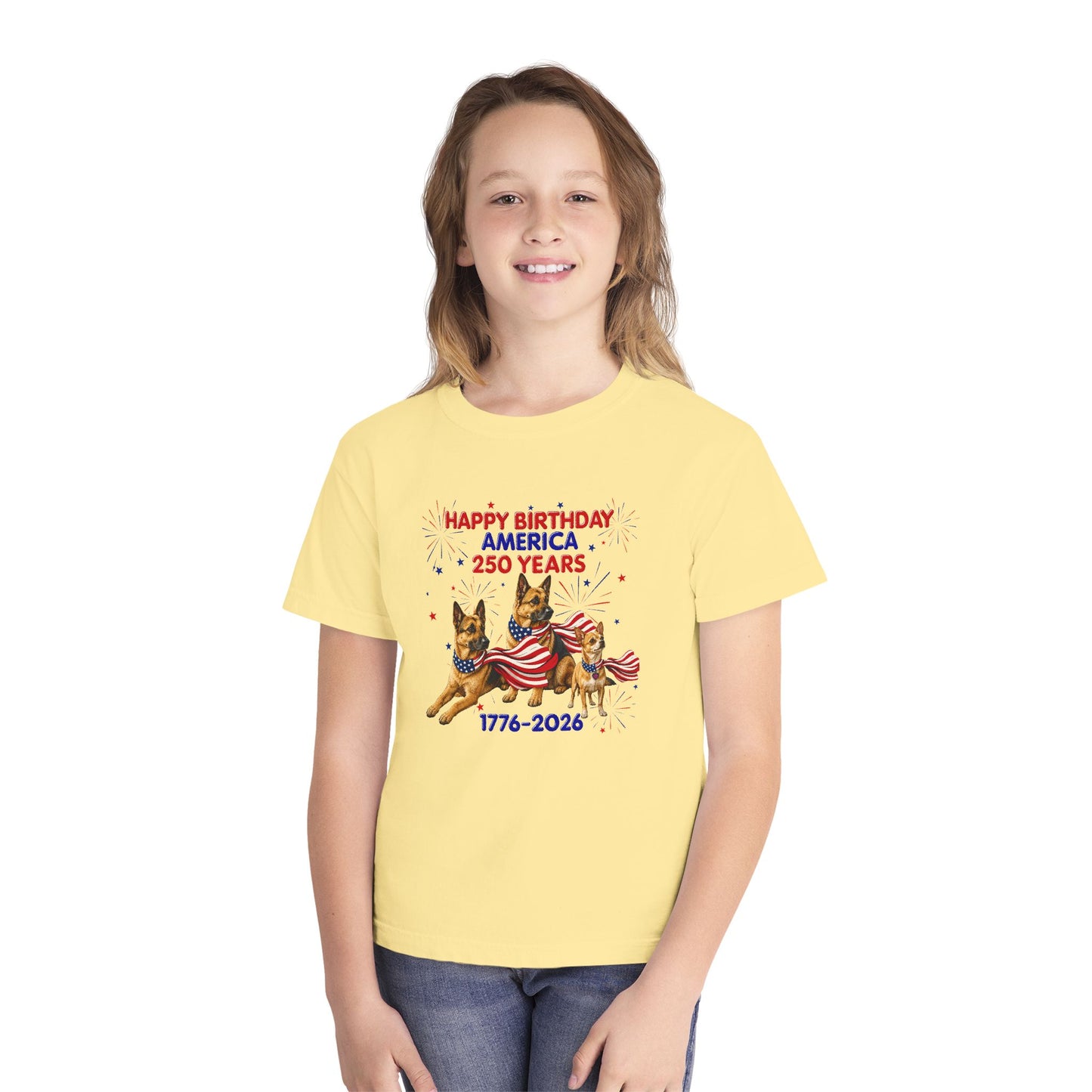 Youth Tee — "Happy Birthday America 250 Years 1776-2026" Patriotic German Shepherds