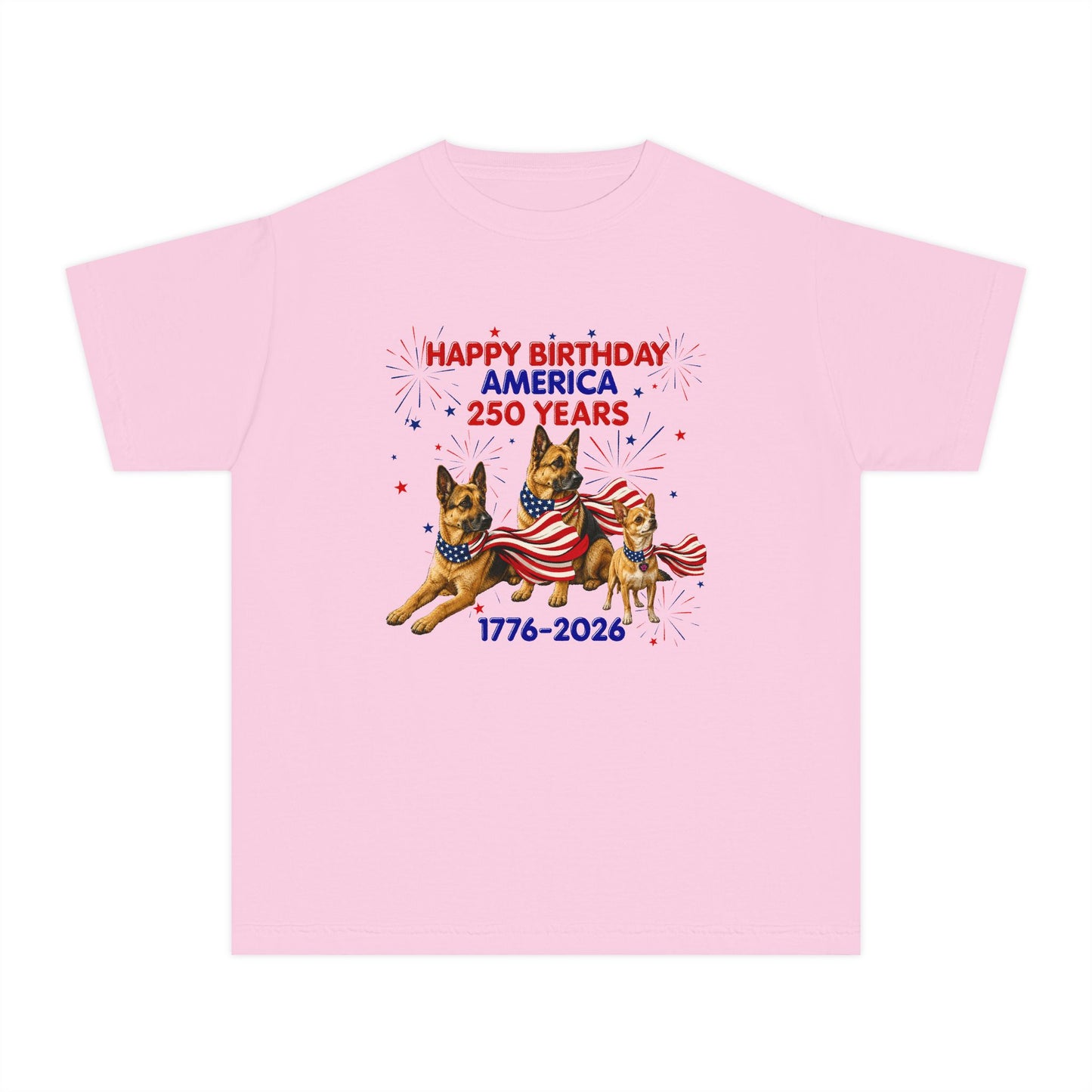 Youth Tee — "Happy Birthday America 250 Years 1776-2026" Patriotic German Shepherds