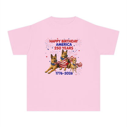 Youth Tee — "Happy Birthday America 250 Years 1776-2026" Patriotic German Shepherds