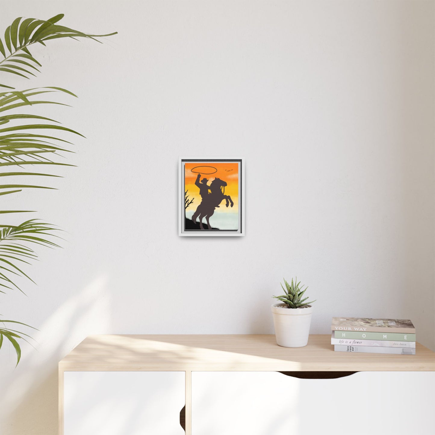 Framed Canvas Art Print Western Home Decor Rustic Wall Art Gift for Cowgirl or Cowboy Country Housewarming Rodeo Home Decor Cowboy Sunset