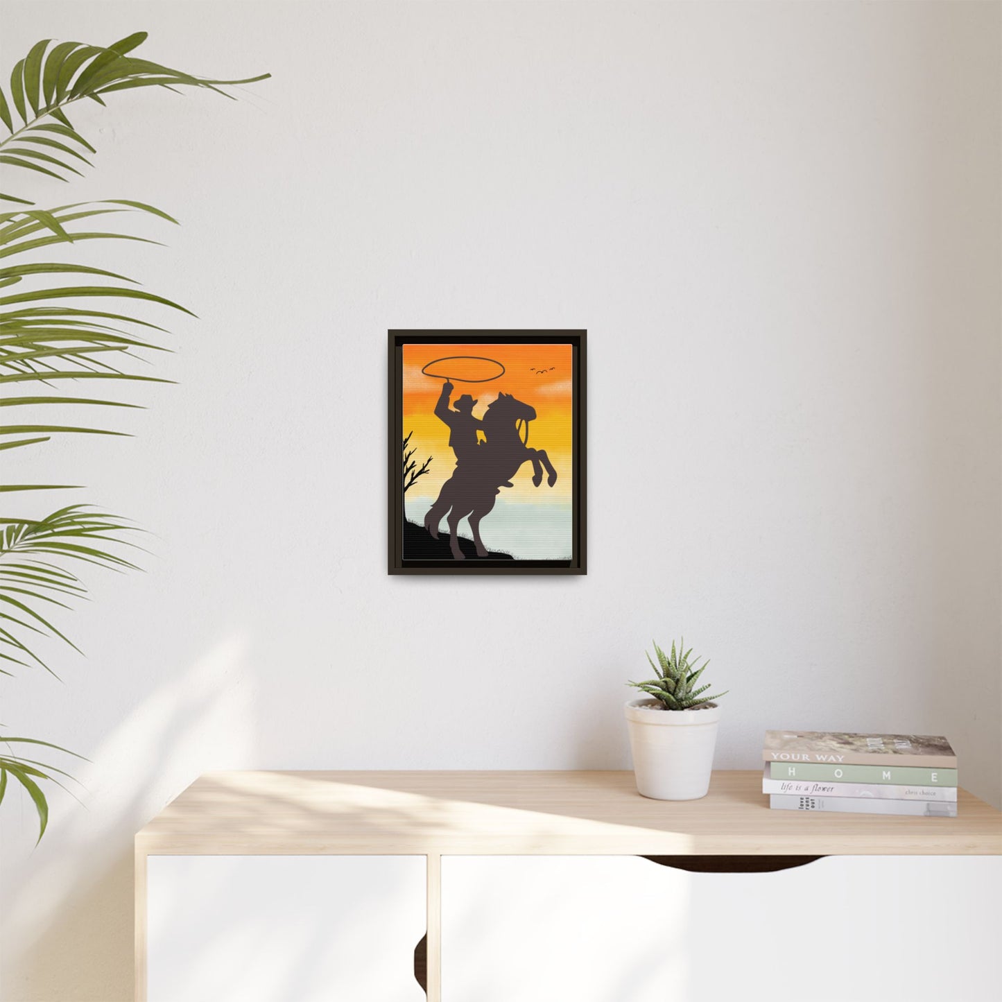Framed Canvas Art Print Western Home Decor Rustic Wall Art Gift for Cowgirl or Cowboy Country Housewarming Rodeo Home Decor Cowboy Sunset